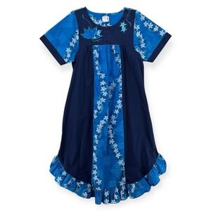 Vintage RM Muumuu Dress Womens Large Hawaiian Blue Floral Midi Ruffle Aloha USA